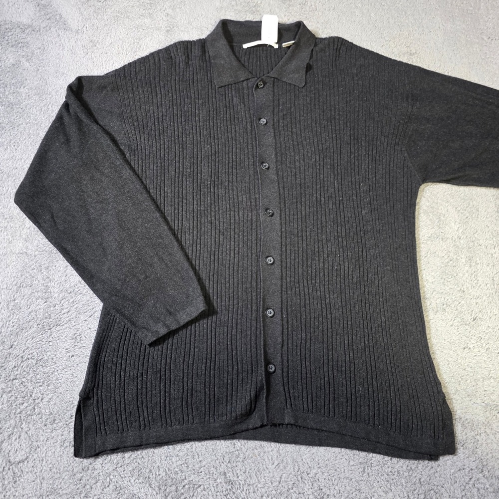 Perry Ellis Mens Medium Cardigan Sweater Charcoal Gray Ribbed Cotton Button Up